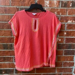 J. Jill Womens XS Linen Coral Embroidered Keyhole Boxy Poncho Breezy Blouse